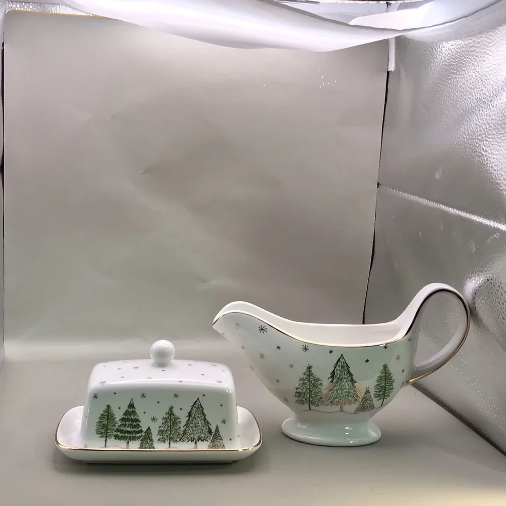 Grace Teaware Porcelain Butter Dish And Gravy Boat Trees And Snow And Gold Trim - Picture 2 of 16